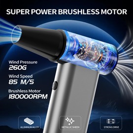Compressed Air Duster 180000RPM, 3 in 1 Aluminum Electric Duster Brushless Motor, Mini Cordless Air Blower 3-Gear Adjustable, Turbo Jet Fan with Light, Handheld Vacuum Cleaner for PC/Car/Outdoor/Home