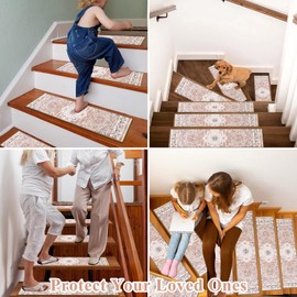 Ileading Non Slip Carpet Stair Treads for Wooden Steps 15 Pack 30" X 8" Peel and Stick Staircase Step Treads Edging Indoor Stair Runner Boho Stair Covers Safety Rug for Kids and Pets, Light Orange