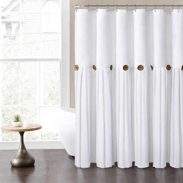 Awellife White Linen Button Farmhouse Shower Curtain,Linen and Cotton Woven