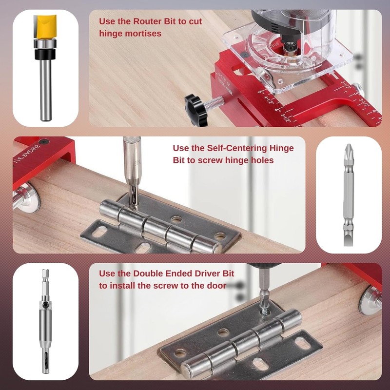 Professional Door Hinge Mortising Jig, Red Aluminum Alloy Template Kit