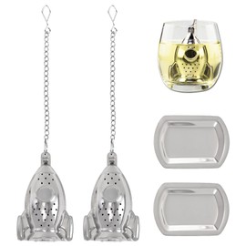Pineraap 2 Pcs Tea Infuser for Loose Leaf Tea, Stainless Steel Tea Strainer Steeper, Extra Fine Mesh Tea Diffuser Holder, Reusable Metal Tea Filter with Drip Tray & Chain for Teapot Brew Tea (Rocket)