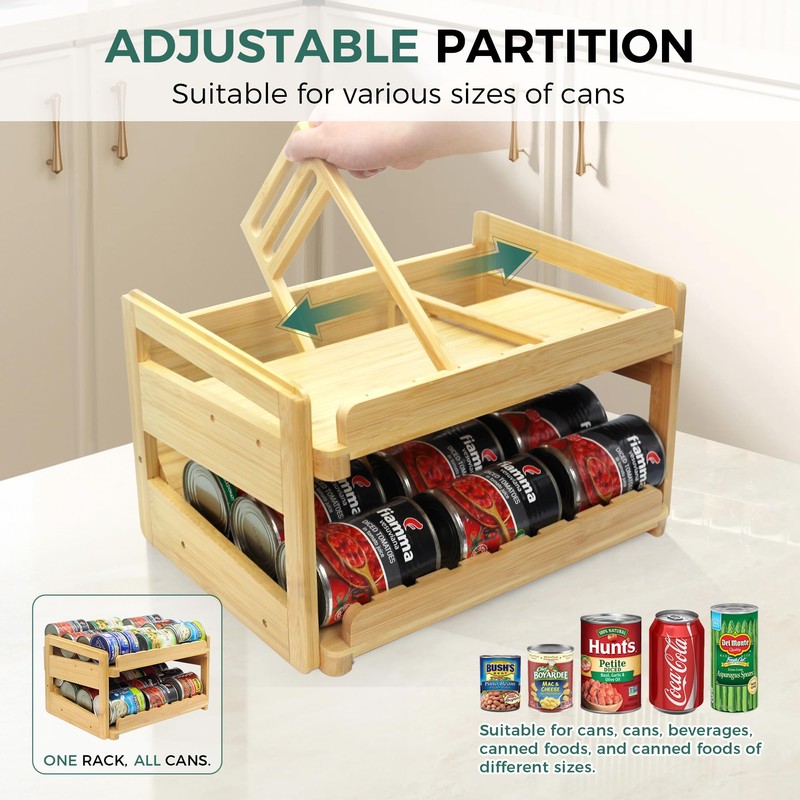 MinBoo Adjustable Can Organizer Rack, Two Tier Bamboo Stackable FIFO