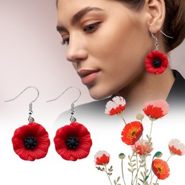 JUFYVO Poppy Flower Dangle Earrings Red Poppy Earrings Elegant Prom Party Jewelry Gifts Remembrance Day Floral Jewelry for Women Girls