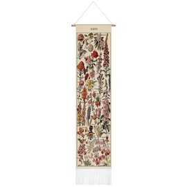 Tegeme Tegeme Vintage Tapestry 52 x 13 Inch, Long Vertical Wall Hanging Reference Illustrative Botanical Tassel Tapestry for Bedroom Living Room Home Decoration(Flower)