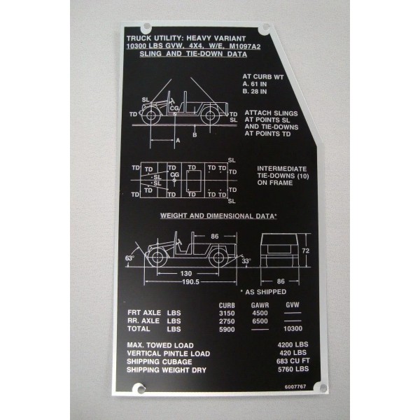 AM General DECAL M1097A2 HMMWV WEIGHT DIMENSIONS SLING AND TIE-DOWN