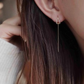 Aneneiceera Vintage Crystal Drop Chain Dangle Earrings CZ Pull Through Earrings Thin Long Cord Threader Earrings Gold Tassel Threader Drop Earrings Jewellery for Women and Girls (Gold), Zinc