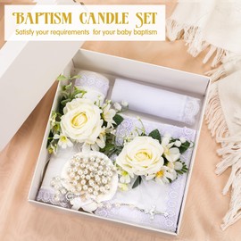 Threlaco 5 Pcs Baptism Candle Set Included Catholic Candle Devotional Candles with Flower, Baptism Towel, Rosary, Bible for Christenings Baptismal Party Favors(White)