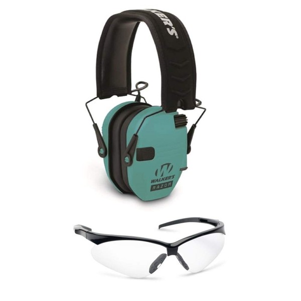 Walkers Razor Slim Electronic Shooting Range Earmuffs (Teal) Bundle with Glasses Kit (2 Items)