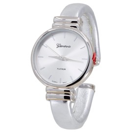 Blekon Collections Women's Analog Quartz 31mm Case Round Sparkling Designed Leather Cuff Bangle Ladies Wrist Watch (Silver)