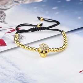 Infinite U Fashion Punk Skull Womens Charm Bracelet Beads Balls Braided Cotton Rope Alloy Cubic Zirconia Adjustable Wristband Bangle, Gold