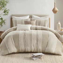 INK+IVY Queen Duvet Cover Set Boho Duvet Covers Stripes, Clipped Jacquard, Cotton Duvet Cover for Queen Size Bed, All Season Lightweight Queen Bedding Cover & Shams, Shay, Full/Queen, Taupe 3 Piece