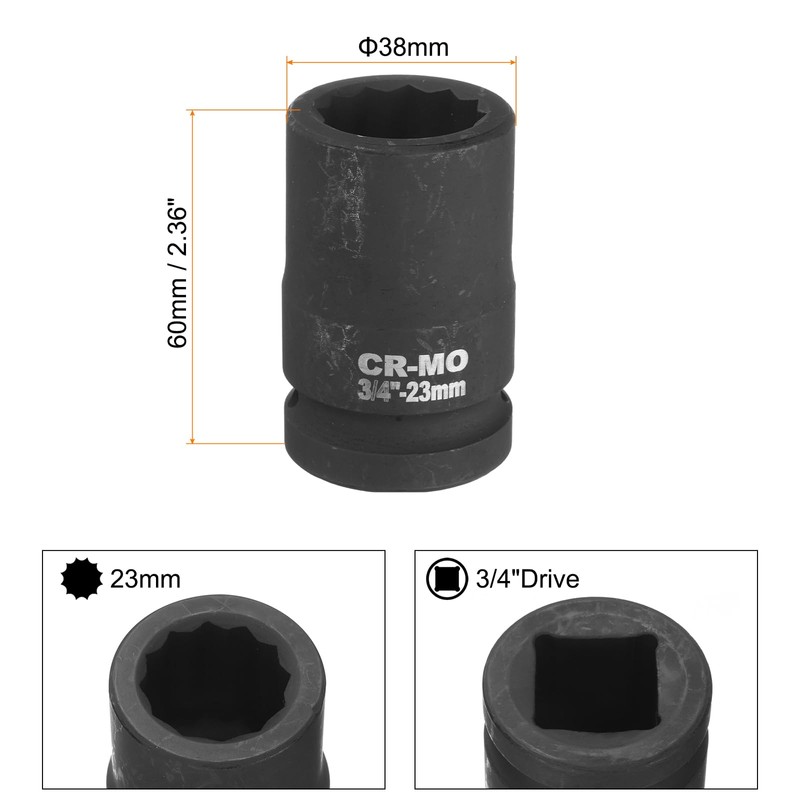 sourcing map 3/4-Inch Drive 12 Point Impact Socket 23mm Metric