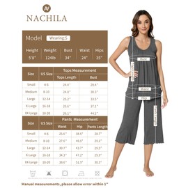 NACHILA Womens Pajamas-Viscose Made from Bamboo, Sleeveless Sleepwear Ribbed Tank Top Capri Pants Pajama Set Cool Pleated Pjs Navy Blue S