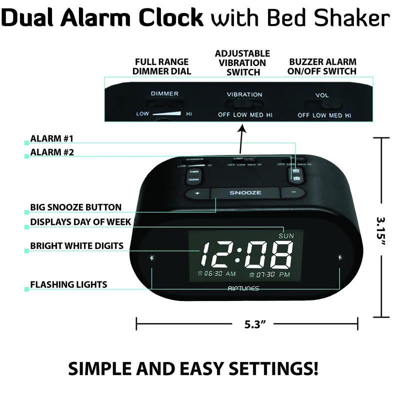 Riptunes Loud Alarm Clock with Bed Shaker for Heavy Sleepers
