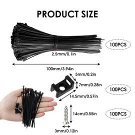 Wonvify Cable Ties 100 mm with Brackets and Screws, Pack of 100 Black UV-Resistant Resealable Cable Clamps for Screwing Nylon Cable Holder for Cable Management Gardening Workshops