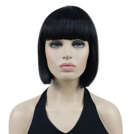 Lydell 8" Short Bob Hair Flat Bangs Cute Central Dot Skin Top Heat Resistant Synthetic Wigs (Natural black)