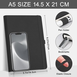 EMSHOI A5 Notebook Lined Journal - 120 GSM Paper Hardcover Notebook for Work, 160 Pages College Ruled Notebook, Leather Writing Journal for Women, Men, Work, School, 14.5 X 21 cm - Black