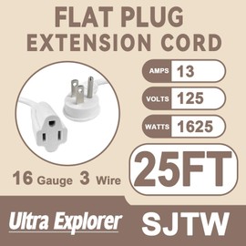 Ultra Explore 25 FT Flat Plug Extension Cord, 16 AWG 3 Prong Grounded Extension Cord White Flat Plug, Low Profile Extension Wire 13A, 1625W, UL Certified