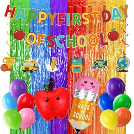Crenics Welcome Back to School Decorations - Happy First Day of School Banner, Foil Fringe Curtains, Hanging Swirls and Balloons for Home Classroom Party Supplies