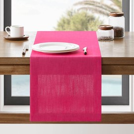 ZeeMart Linen Textured Border Table Runner, 14 x 48 Inch Hot Pink, Farmhouse Style Pink Table Runners 48 Inches Long, Easy Care Everyday Polyester Table Runner