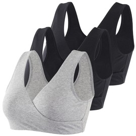 HIHOSSI Maternity and Nursing Bras - Soft Cotton Sleep Bra for Pregnancy and Breastfeeding, Black+Black+Grey/3 Pack