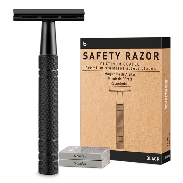 Matte Black Double Edge Safety Razor for Men, with 10 Platinum Coated Double Edge Safety Blade Razor, Reusable Travel Essentials Women Razor