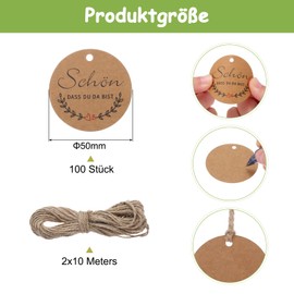 QUARKZMAN Pack of 100 Gift Tags Kraft Paper Labels Gift Tags Round 5 cm Cards with 20 Metres Jute String for Gift Wrapping Christmas