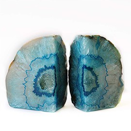 JIC Gem Teal Agate Bookends Geode Book Ends for Bookshelf Decor Decorative Bookends for Shelves Unique Cute Teal Decor with Rubber Bumpers (1 Pair, 3-4 Lbs)