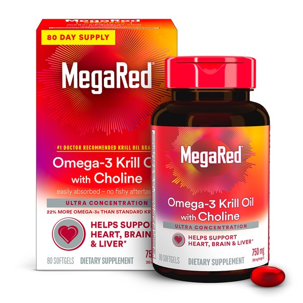 MegaRed Krill Oil 750mg Omega 3 Supplement with Choline, 1 Dr Recommended Krill Oil Brand with EPA, DHA & Phospholipids, Supports Heart, Brain, & Liver Health, Antarctic Krill Oil - 80 Softgels