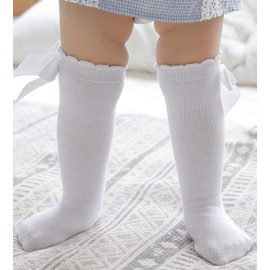 Maorrew 2 Pack Baby Girls Knee High Socks Bow Long Stockings Infants Toddlers Cotton Ruffled Uniform Leggings White 2 Pack 5-7 Years