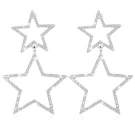 Star Dangle Drop Earrings for Women Silver Stars Rhinestone Earring Simple Hollow Pentagram Earring, Large Tassel Stars Dropearing for Women Birthday Party Jewelry Gifts