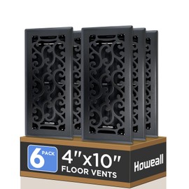 Howeall 4x10 Inches 6 Pack Heavy Duty Walkable Floor Register - Easy Adjust Air Supply Lever Decorative Floor Vent Covers, Savannah Design Vent Covers for Home - Matte Black
