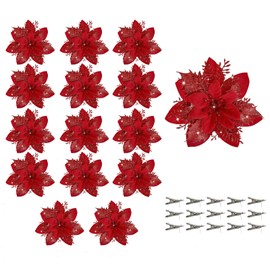 15 PCS Poinsettia Flowers Artificial Poinsettia,Christmas Decorations Poinsettias Artificial Christmas Flowers,Christmas Tree Flower Decorations with Stems DIY Xmas Wreath New Year Party Ornament