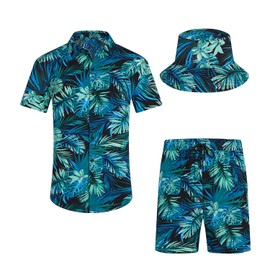 EISHOPEER Men's Hawaiian Shirt and Short 2 Piece Outfits Sets Casual Button Down Floral Hawaii Shirts Suits with Bucket Hats Geen Leaf X-Large