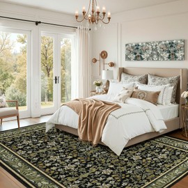 GarveeHome Washable Rug 9x12 Area Rugs for Living Room, Boho Rug Non Slip Vintage Low Pile Large Rugs for Bedroom, Dining Room, Stain Resistance Non-Shedding Accent Carpet for Office, Green Black