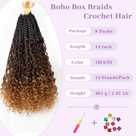 Goddess Box Braids Crochet Hair, 14 Inch Boho Crochet Box Braids with Curly Ends,Pre Looped Crochet Hair for Black Women(1B/4/30)
