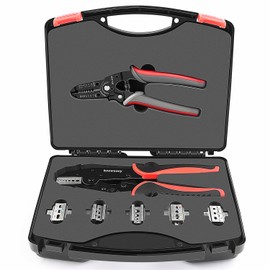 Knoweasy 8PCS Ratchet Crimping Tool Set with Automatic Wire Stripper, Heat Shrink, Non-Insulated, Open Barrel, Solar, and Ferrule Connectors, Pressure Regulating