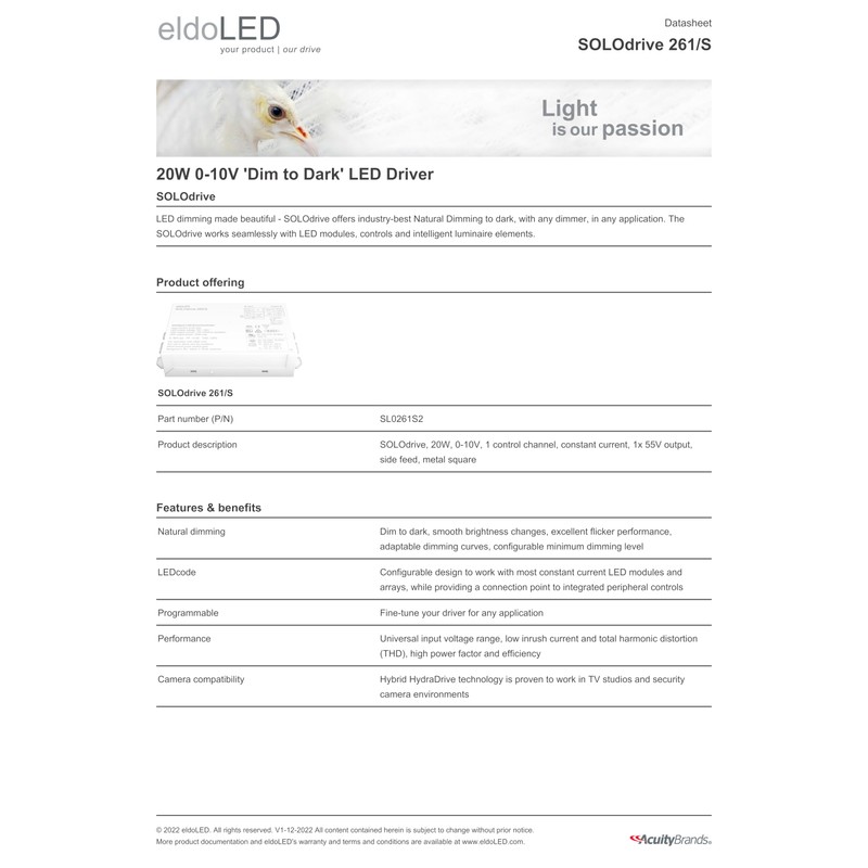 eldoLED | SOLOdrive 261/S | 20W 0-10V 'Dim to Dark'