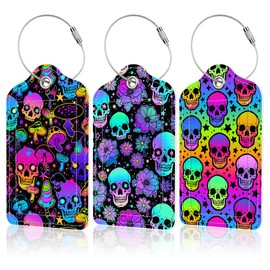 EOBKLAX 3 Pack Neon Bright Skulls Luggage Tags for Suitcases,Skulls and Flowers Leather Baggage Suitcases Tag Name ID Label Privacy Cover Travel Bag Tags for Women Men Boys Girls