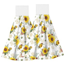PDDCWAY 2 Pcs Sunflower Hanging Hand Towels Butterfly Watercolor Floral Hanging Kitchen Towels Bath Dish Absorbent Oven Stove Washcloth with Loop for Home(Yellow,Sunflowers)