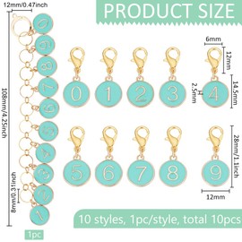 BENECREAT 11Pcs Number Stitch Marker Charms, Alloy Enamel 0~9 Knitting Row Counter Chains Enamel Locking Stitch Charm with Lobster Clasps for Knitting Weaving Sewing, Turquoise