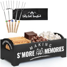 Smores Kit, S'Mores Station with 5 Extendable Marshmallow Roasting Sticks, Farmhouse Smores Caddy with Handles, Wood Smores Maker Box, Camping Bonfire Accessories, Smores Kit for Fire Pit Outdoor