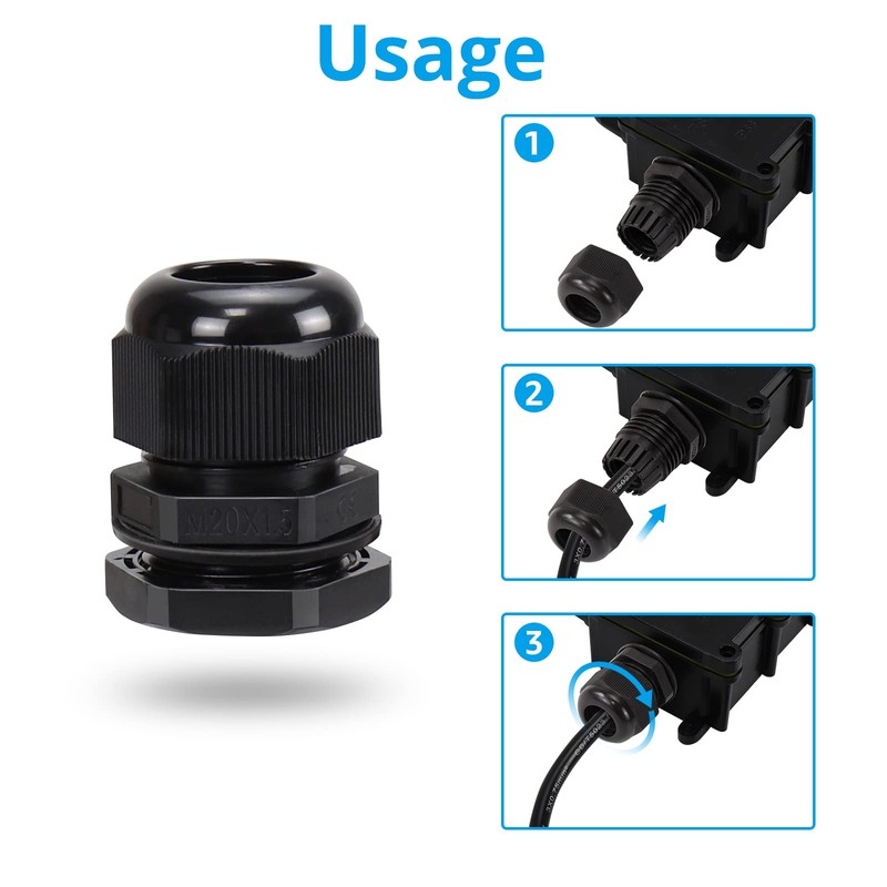 10 Pack M20 20mm IP68 Waterproof Black Cable Glands, Suitable