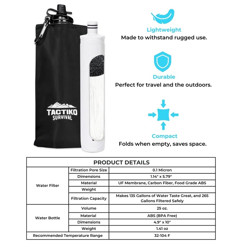 Tactiko 25oz. Purifying Water Bottle - UF Membrane, Activated Carbon