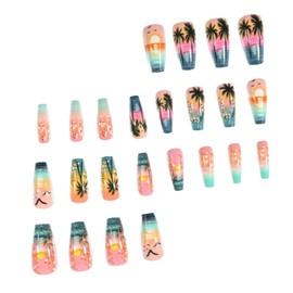 Medium Square Press on Nails Summer Stick on Nails with Coconut Tree Design Sunset Seagull Glue on Nails Ombre Pink Blue Fake Nails Glossy Reusable Flower False Nails for Women Girls Manicure 24Pcs