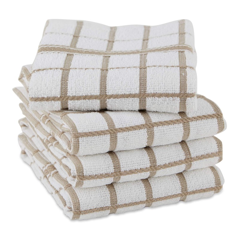 DII Basic Terry Collection Windowpane Dishtowel Set, 16x26, Stone, 4