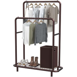 Simple Houseware Double Rod Clothing Garment Rack with Bottom Shelves, Bronze