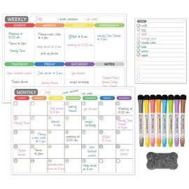 3pk pizarra magnética para nevera,Calendario magnético Calendario Semanal Magnético, Calendario Mensual Magnetico,con 8 Plumones,1 Borrador y 1 Cesta de Almacenaje, para Hogar, Oficina (Blanco)