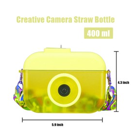 ORIJOYNA 13 oz Cute Water Bottle with Straw - Camera Shape Water Cup with Adjustable Shoulder Straps - Ideal Kawaii Gift for School (Yellow)