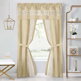 Achim Paige 5-Piece Window Curtain Set - 55 Width, 63 Length, 2 Inch Rod Pocket - Tan - Light Filtering Set Includes Valance with Attached Panels & Two Tie Backs - Machine Washable Home Decor